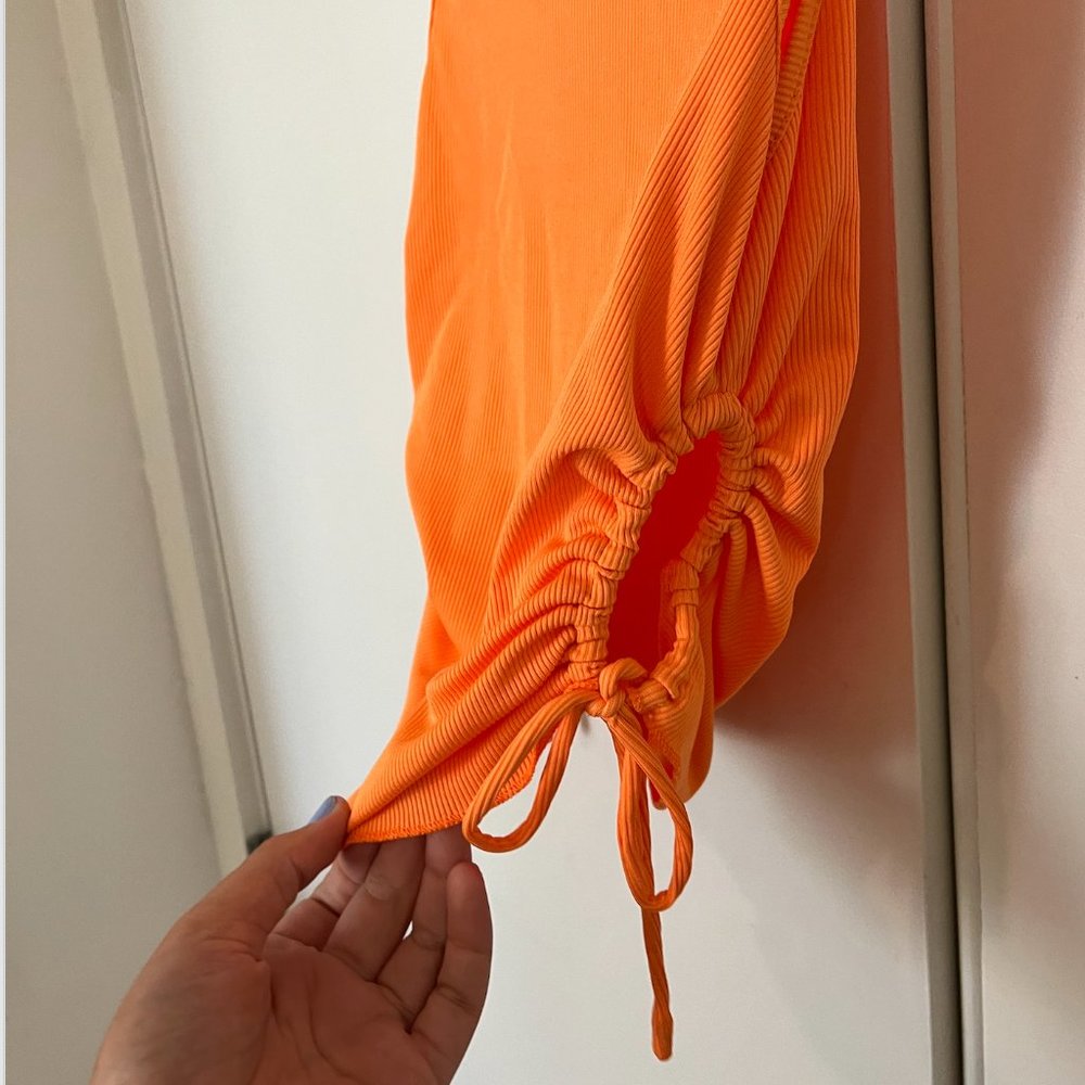 Women’s Orange Ribbed Drawstring Crop Tank Top - Picture 6 of 10